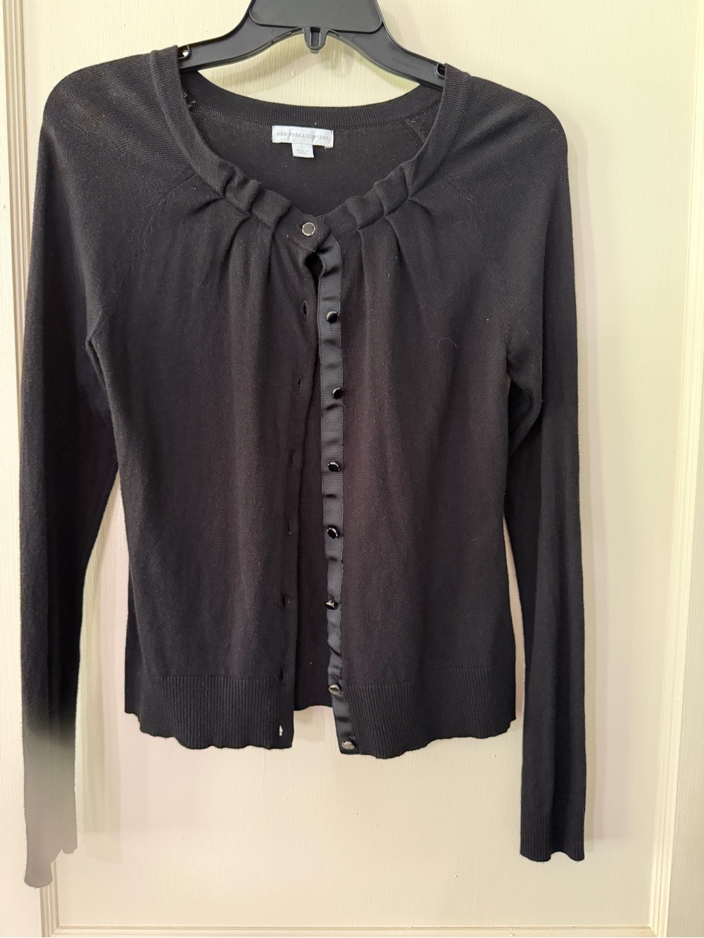 New York & Company Black Satin-Trim Button Cardigan